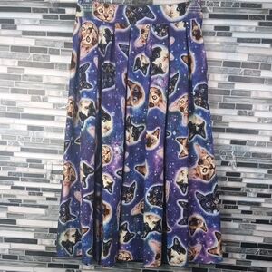 Retrolicious Cosmic Cat A-Line Skirt S  Pleated Pockets Full Cotton Whimsy Goth
